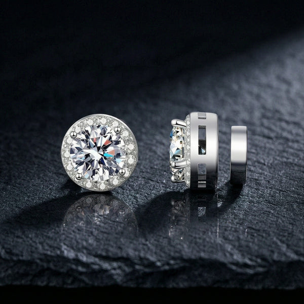 S925 Magnetic Moissanite / CZ Round Halo Stud Earrings for Men Women, 1ct 6.5mm Round Cut, Inlaid Magnetic Earrings Non-Piercing Clip On Stud Earring