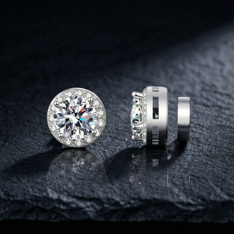 Men's magnetic moissanite round halo stud earrings S925 — front stone and magnetic back on dark slate