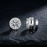 Men's magnetic moissanite round halo stud earrings S925 — front stone and magnetic back on dark slate