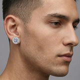 Man wearing magnetic moissanite round halo stud earring — side profile