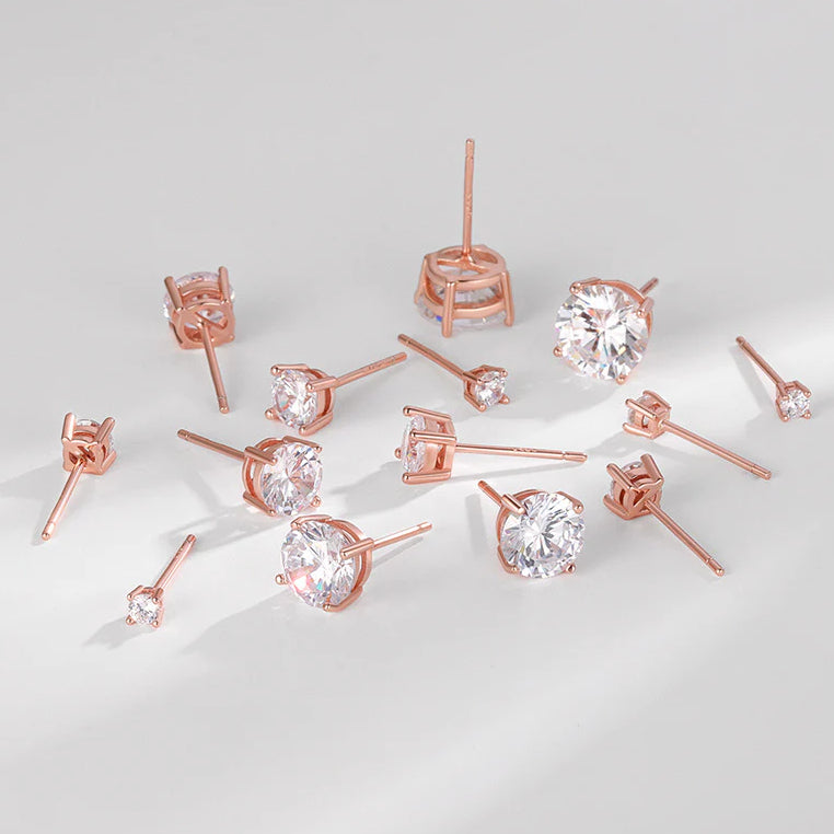 S925 Dazzling Classic 4-Prong CZ Stud Earrings, 2-8mm Round Cubic Zirconia Sterling Silver Earrings, 4 Color Options, Unisex Men Women Daily - Fitiny