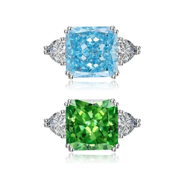 Anillo ajustable con circonitas cúbicas cuadradas con corte de flor de hielo multicolor, azul y verde, 12 x 12 mm, circonitas cúbicas principales 8A, dos circonitas laterales en forma de corazón, un lujo delicado. 