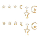 6 Pieces Celestial Star & Moon Earring Set, 18k Gold Plated Stud & Drop, S925 Needle, Stacked Lobe Designs with Dazzling Zirconia