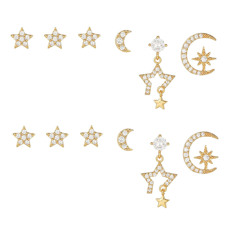 6 Pieces Celestial Star & Moon Earring Set, 18k Gold Plated Stud & Drop, S925 Needle, Stacked Lobe Designs with Dazzling Zirconia