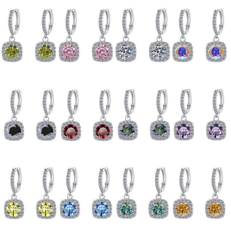 S925 Rainbow Green Moissanite Square Halo Earrings with Pavé-Set Halo & Hoop, 1ct D-Grade VVS1 Round Moissanite with GAR certification, Sterling Silver Earrings - FITINY Jewelry