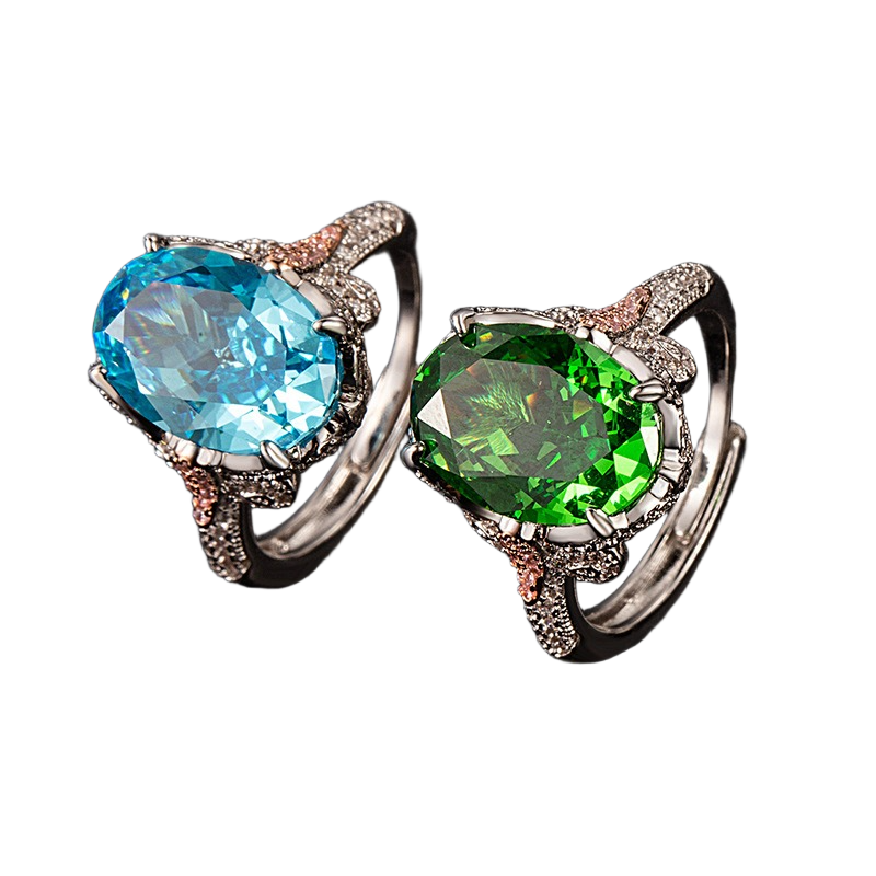 Bague ajustable multicolore en zircone cubique ovale taille fleur de glace, bleu et vert, 10 x 14 mm, 8A, bande pavée bicolore, luxe délicat 
