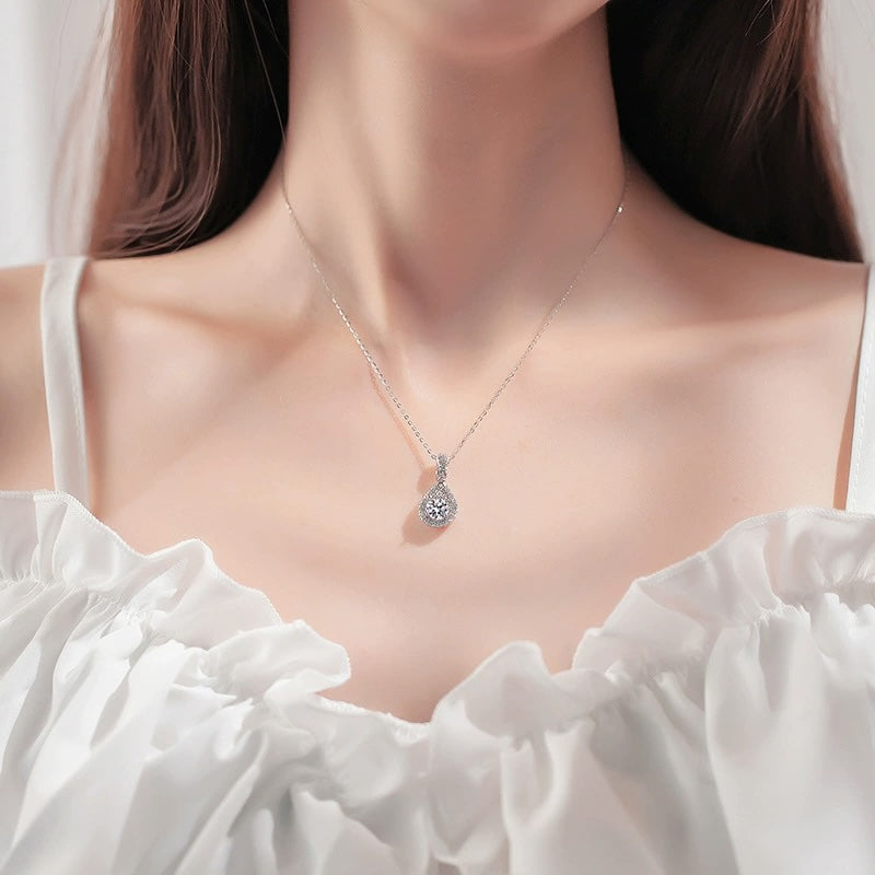 S925 High Carbon CZ Teardrop Halo Pendant Necklace with Pavé Top Frame, 6-11mm Cubic Zirconia, Sterling Silver Pear Shape Pendant for Her