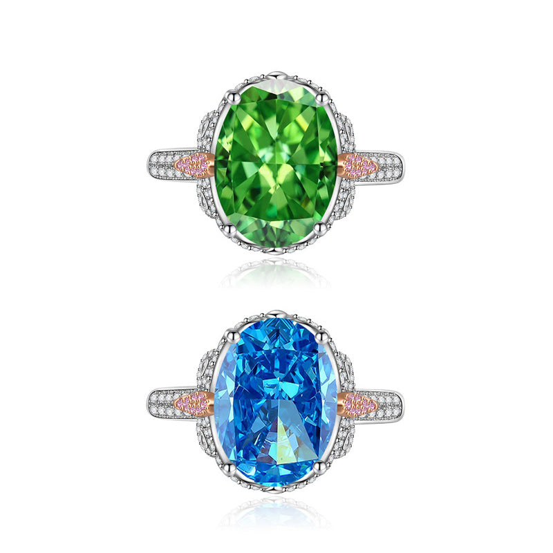 Bague ajustable multicolore en zircone cubique ovale taille fleur de glace, bleu et vert, 10 x 14 mm, 8A, bande pavée bicolore, luxe délicat 