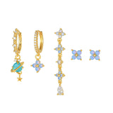 Multi Sets of Blue Flower Pierced Earrings, 4-6pcs, 18k Gold Plated Stud Drop Hoop Huggie Cuff Chain, S925 Needle, Stacked Lobe Designs with Dazzling Zirconia