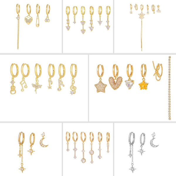 6 Pieces Geometric Prism Drops Earring Set, 18k Gold Hoop with Drops, S925 Needle, Stacked Lobe Designs with Dazzling Zirconia
