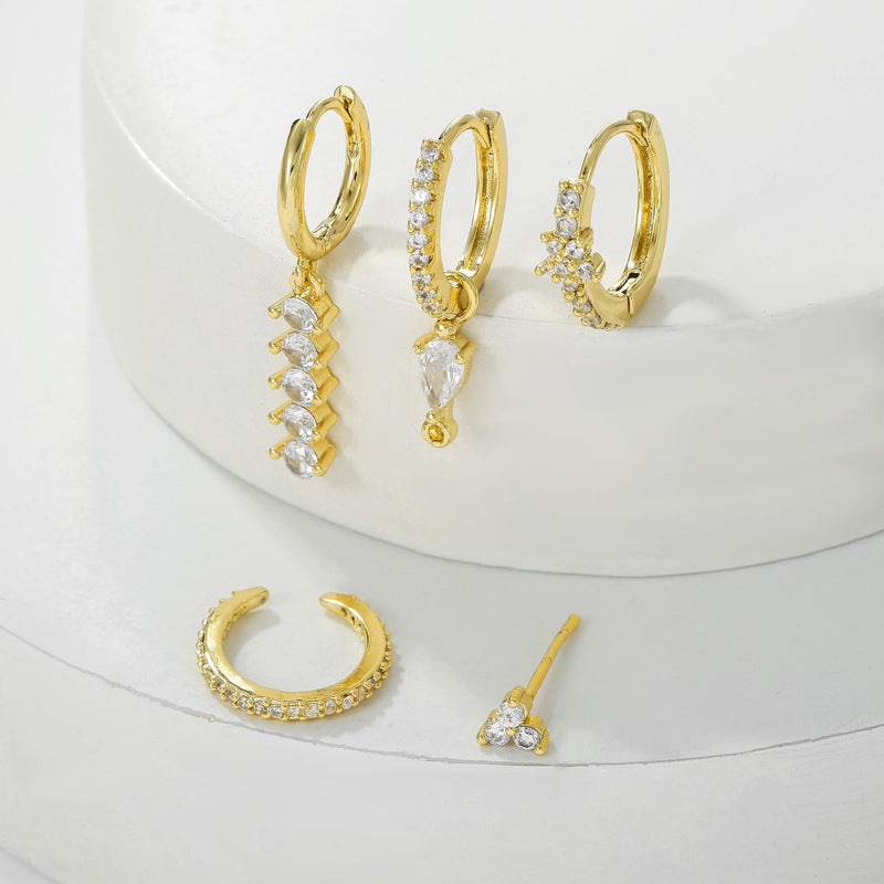 5 Pieces Simple Clover Single-Row Serrated Ear Cuff Earring Set, 18k Gold-Plated  Teardrop Zircon Earrings, S925 Needle, Stacked Lobe Designs with Dazzling Zirconia