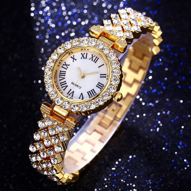 Luxury Women’s Rhinestone Quartz Watch with Diamond-Studded Dial & Bracelet, Shiny Quartz Movement Accurate Time Adjustable Strap Exquisite Electroplated Stainless Luxury Wrist Decoration Watch