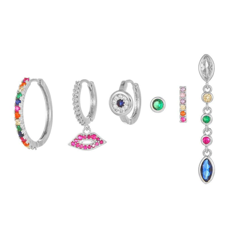 Multi Sets of Blue Flower Pierced Earrings, 4-6pcs, 18k Gold Plated Stud Drop Hoop Huggie Cuff Chain, S925 Needle, Stacked Lobe Designs with Dazzling Zirconia