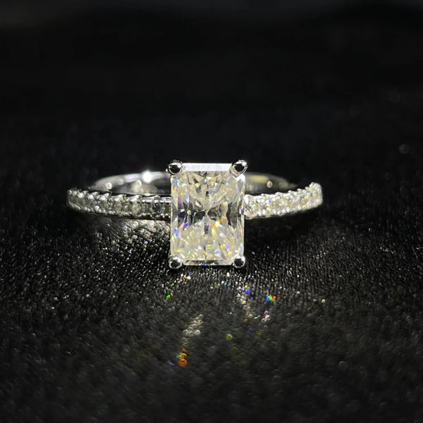 S925 Radiant Cut Moissanite & High Carbon Engagement Ring with Pavé-Set Band, 1-2 Carat VVS1 D-Color Certified, Four-Prong Sterling Silver Ring