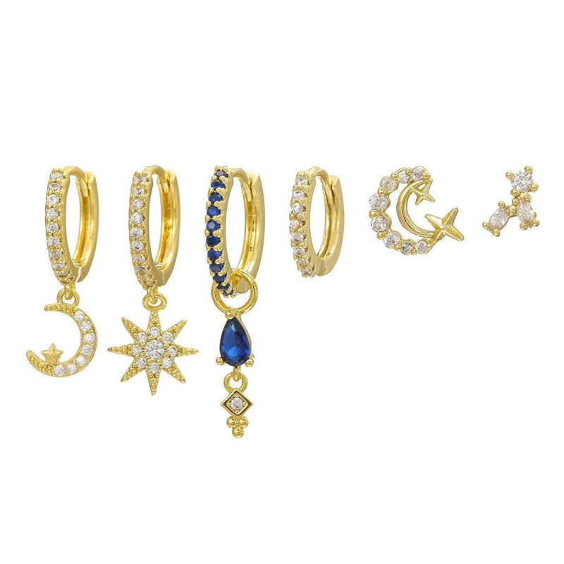 Multi Sets of Blue Flower Pierced Earrings, 4-6pcs, 18k Gold Plated Stud Drop Hoop Huggie Cuff Chain, S925 Needle, Stacked Lobe Designs with Dazzling Zirconia - FITINY Jewelry