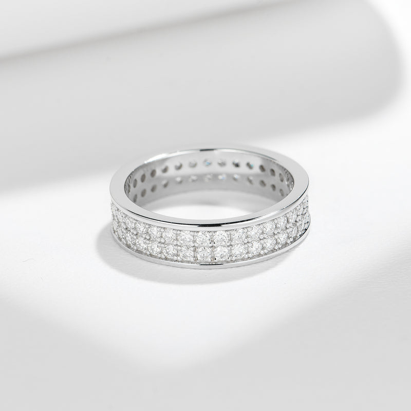 S925 Moissanite Matching Couple Eternity Bands Wedding Rings, Two-Row 1ct & Three-Row 1.8ct, D-Grade VVS, 18K White Gold Plated Unisex Rings