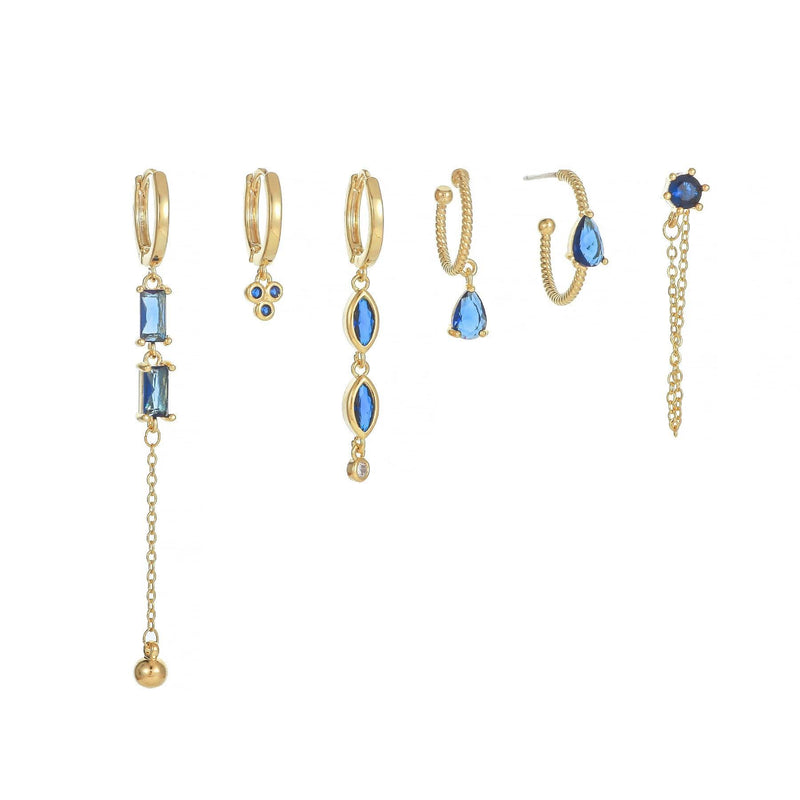 Multi Sets of Blue Flower Pierced Earrings, 4-6pcs, 18k Gold Plated Stud Drop Hoop Huggie Cuff Chain, S925 Needle, Stacked Lobe Designs with Dazzling Zirconia