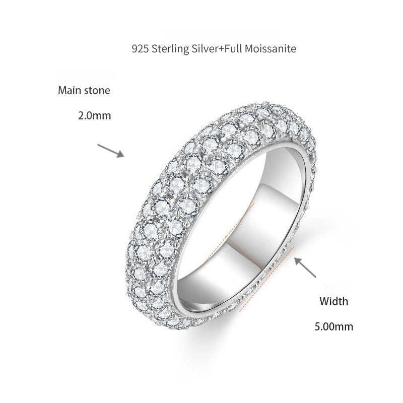 S925 Moissanite Three-Row Matching Couple Eternity Bands, Narrow 0.8ct & Wide 2.4ct Full Pave Rings, 18K White Gold Plated, US Size 4.5–10