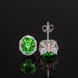 Multicolor Ice Flower Cut Oval CZ Stud Earrings, Blue & Green 7*9mm 8A Cubic Zirconia, S925 Silver Needle, Two-Tone Pave CZ Halo, Dainty Luxe