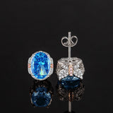 Multicolor Ice Flower Cut Oval CZ Stud Earrings, Blue & Green 7*9mm 8A Cubic Zirconia, S925 Silver Needle, Two-Tone Pave CZ Halo, Dainty Luxe
