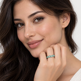 Blue-Green D-Color VVS1 Moissanite Stack Engagement Ring Set – worn by a woman, true-to-size [FITINY]