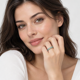 Blue-Green D-Color VVS1 Moissanite Stack Engagement Ring Set – worn by a woman, true-to-size [FITINY]