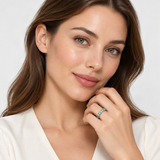 Blue-Green D-Color VVS1 Moissanite Stack Engagement Ring Set – worn by a woman, true-to-size [FITINY]