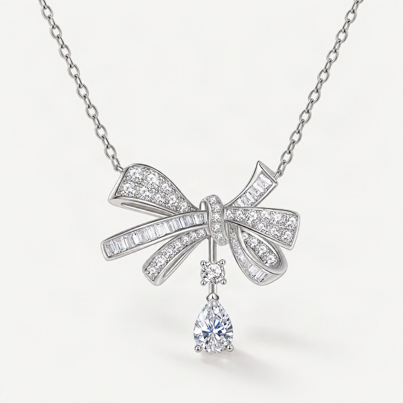 Butterfly Bow Drop Necklace with D-Color VVS1 Moissanite – product photo [FITINY]