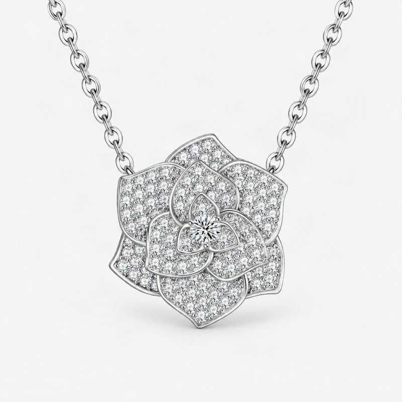 Camellia Pendant Necklace with Brilliant D-Color VVS1 Moissanite Stones in 925 Sterling Si – product photo [FITINY]