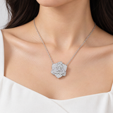 Camellia Pendant Necklace with Brilliant D-Color VVS1 Moissanite Stones in 925 Sterling Si – worn by a woman, true-to-size [FITINY]