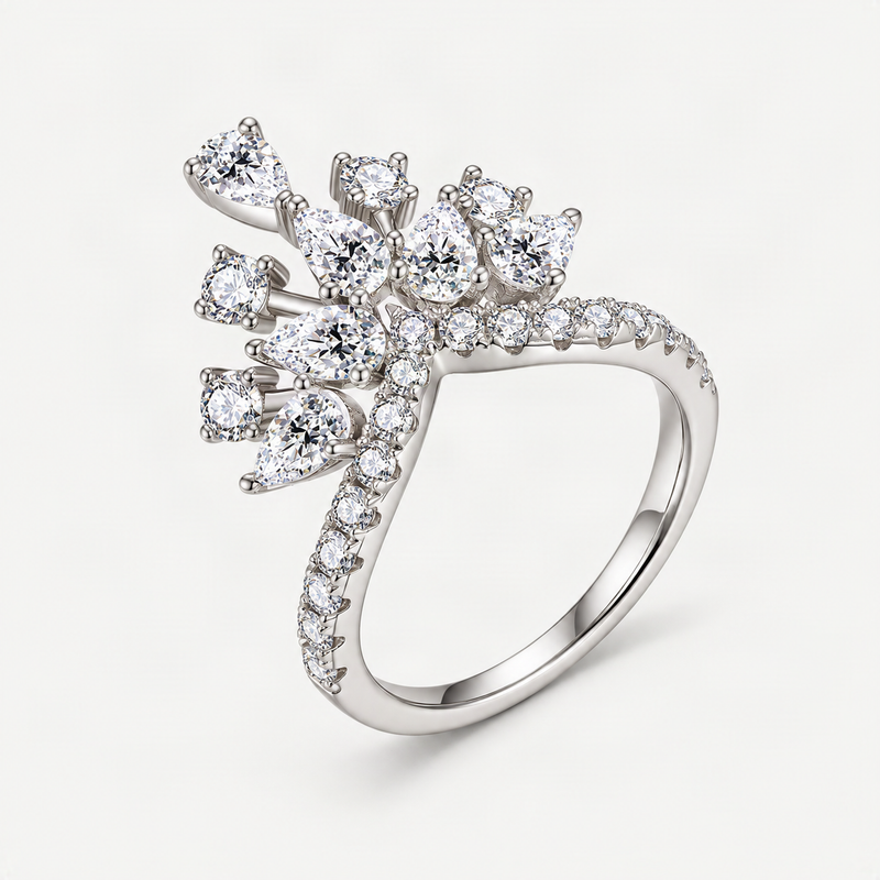 Crown Stack Engagement Ring: D-E Color D-Color VVS1 Moissanite Drop-Cut Solitaire in Sterl – product photo [FITINY]
