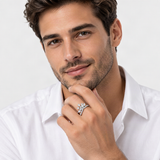 Crown Stack Engagement Ring: D-E Color D-Color VVS1 Moissanite Drop-Cut Solitaire in Sterl – worn by a man, true-to-size [FITINY]