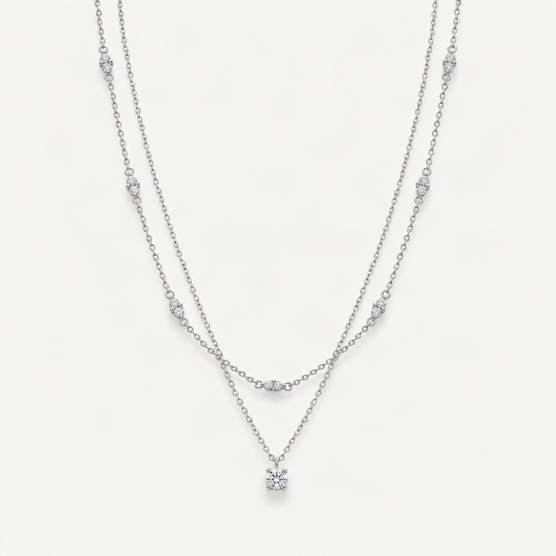 Geometric Double-Layer Clavicle Necklace in Sterling Silver with Sparkling D-Color VVS1 Mo – product photo [FITINY]