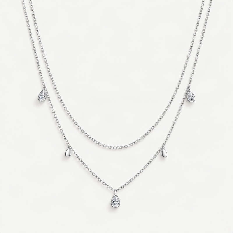 Geometric Double-Layer Drop Pendant Necklace in Sterling Silver with D-Color VVS1 Moissani – product photo [FITINY]