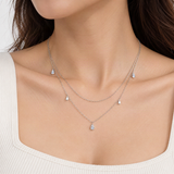 Geometric Double-Layer Drop Pendant Necklace in Sterling Silver with D-Color VVS1 Moissani – worn by a woman, true-to-size [FITINY]