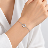 Geometric Circle D-Color VVS1 Moissanite Bracelet in Sterling Silver for Women – worn by a woman, true-to-size [FITINY]
