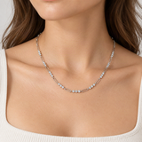 Stackable 3mm Round D-Color VVS1 Moissanite Pendant Necklace in Sterling Silver with 18K G – worn by a woman, true-to-size [FITINY]