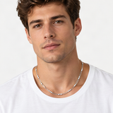 Stackable 3mm Round D-Color VVS1 Moissanite Pendant Necklace in Sterling Silver with 18K G – worn by a man, true-to-size [FITINY]