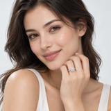 Moissanite Solitaire Ring in Sterling Silver with 18K White Gold Plating – worn by a woman, true-to-size [FITINY]