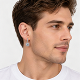 S925 Colorful Moissanite Halo Earrings with Pavé-Set Halo & Hoop – worn by a man, true-to-size [FITINY]