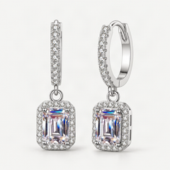 S925 Emerald Cut Moissanite Halo Earrings with Pave Band – product photo [FITINY]