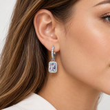 S925 Emerald Cut Moissanite Halo Earrings with Pave Band – worn by a woman, true-to-size [FITINY]