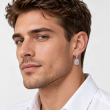 S925 Emerald Cut Moissanite Halo Earrings with Pave Band – worn by a man, true-to-size [FITINY]