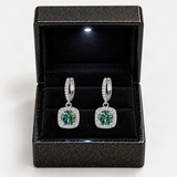 S925 Emerald Green Moissanite or CZ Square Halo Earrings with Pavé-Set Halo & Hoop – in the FITINY gift box [FITINY]