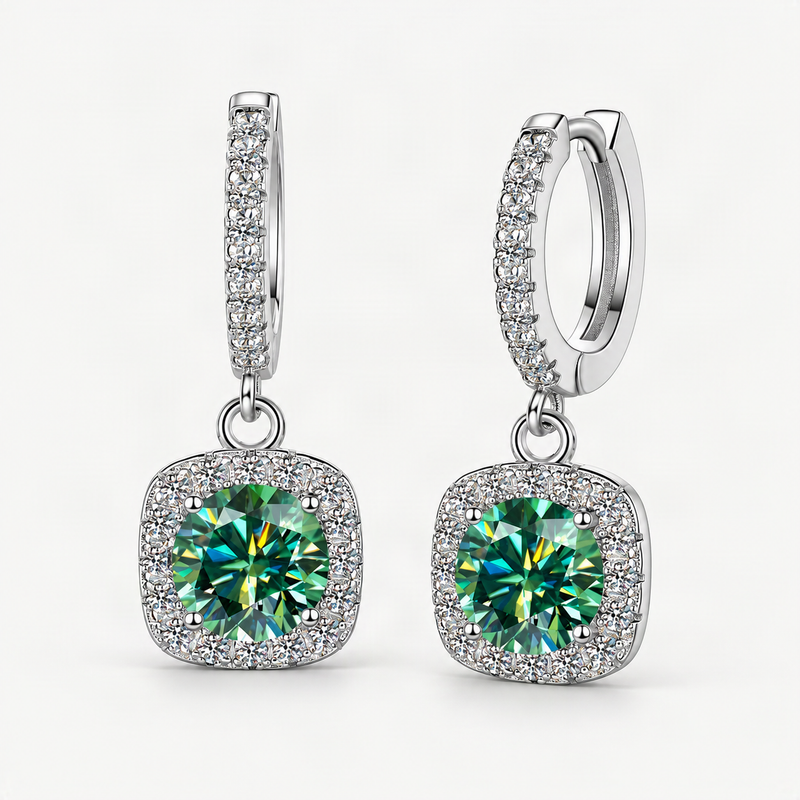 S925 Emerald Green Moissanite or CZ Square Halo Earrings with Pavé-Set Halo & Hoop – product photo [FITINY]