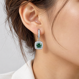 S925 Emerald Green Moissanite or CZ Square Halo Earrings with Pavé-Set Halo & Hoop – worn by a woman, true-to-size [FITINY]