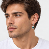 S925 Emerald Green Moissanite or CZ Square Halo Earrings with Pavé-Set Halo & Hoop – worn by a man, true-to-size [FITINY]
