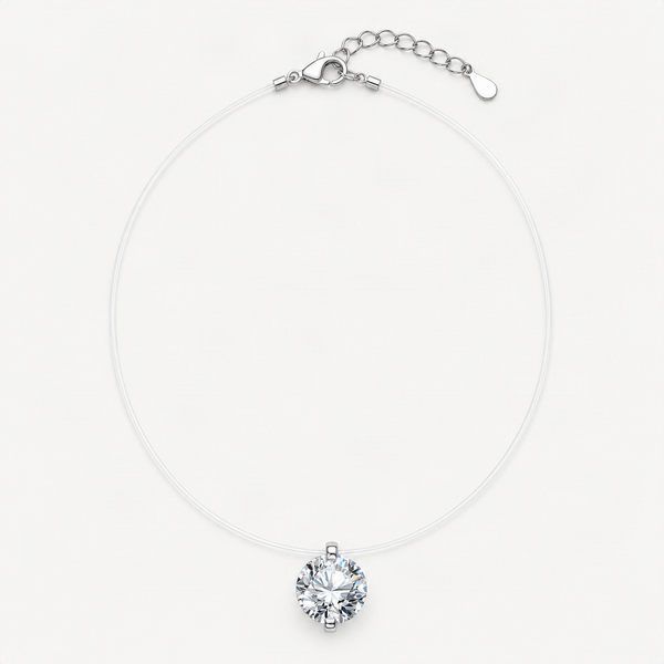 Sterling Silver Moissanite Pendant Necklace – Invisible Floating Dainty Choker, Adjustable 15.7in + 2in (0.5–3ct), Mermaid Tear Design