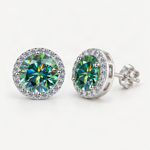 S925 Emerald Green Moissanite Halo Stud Earrings – product photo [FITINY]