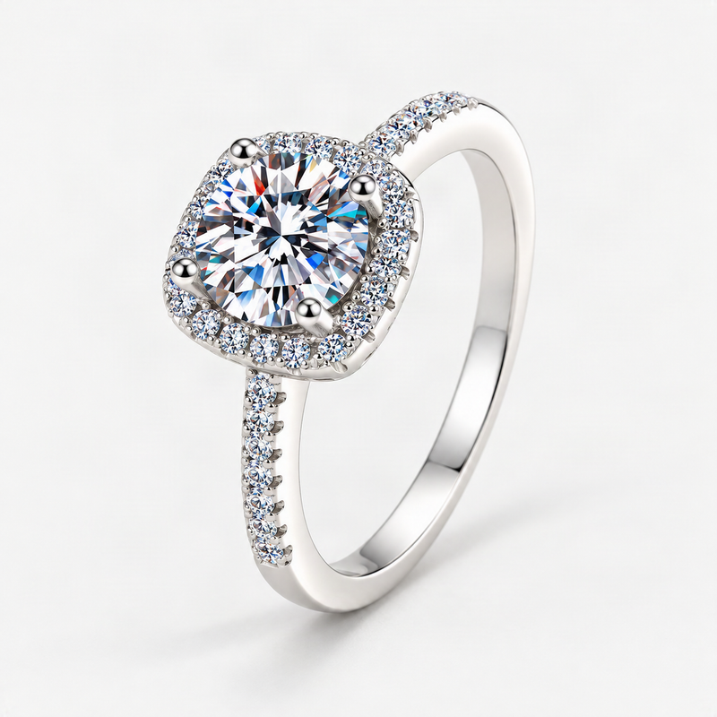 S925 Multicolor Moissanite Cushion Halo Adjustable Rings with Pavé-Set Band & Square Accen – product photo [FITINY]